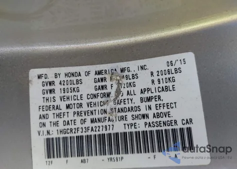 2015 Honda Accord Lx из США, поврежденный, VIN 1HGCR2F33FA227977